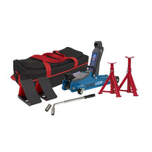 Load image into Gallery viewer, Sealey Trolley Jack 2 Tonne Low Entry Short Chassis & Accessories Bag Combo - Blue