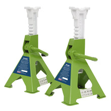 Load image into Gallery viewer, Sealey Axle Stands (Pair) 3 Tonne Capacity per Stand Ratchet Type - Hi-Vis Green