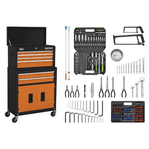 Sealey Topchest & Rollcab Combination 6 Drawer Ball-Bearing Slides - Black/Orange & 170pc Tool Kit