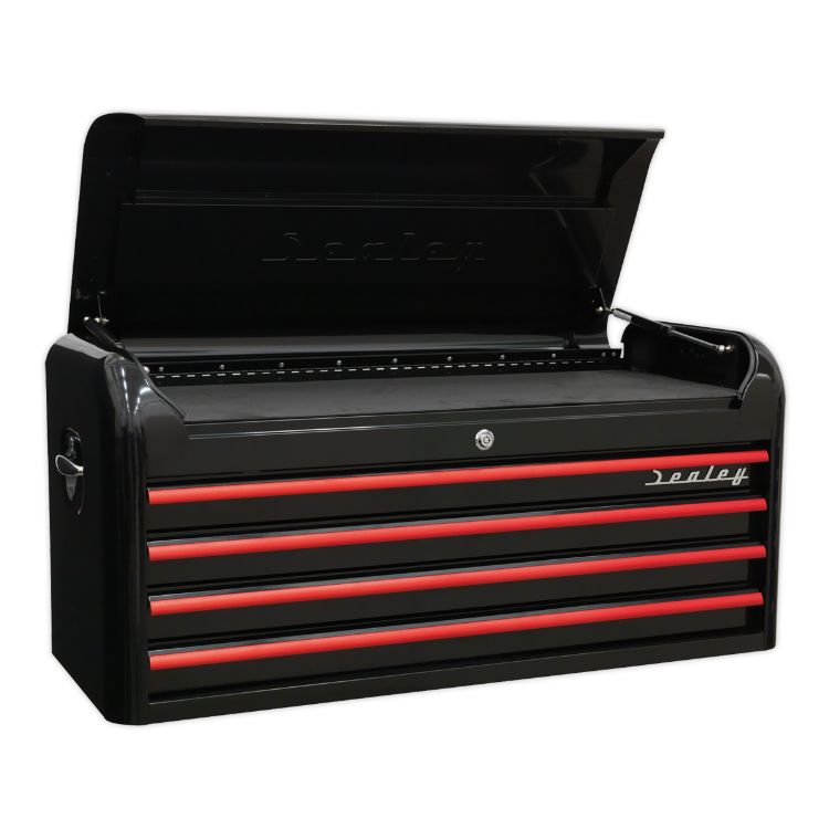 Sealey Topchest 4 Drawer Wide Retro Style - Black, Red Anodised Drawer Pulls