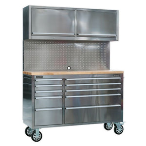 Sealey Mobile Stainless Steel Tool Cabinet 10 Drawer Backboard & 2 Wall Cupboards