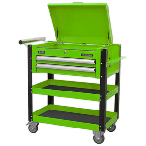 Sealey Heavy-Duty Mobile Tool & Parts Trolley - 2 Drawers & Lockable Top - Green