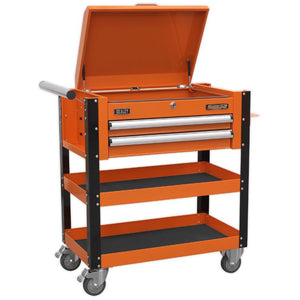 Sealey Heavy-Duty Mobile Tool & Parts Trolley - 2 Drawers & Lockable Top - Orange