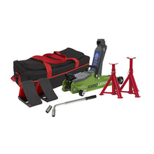 Load image into Gallery viewer, Sealey Trolley Jack 2 Tonne Low Entry Short Chassis &amp; Accessories Bag Combo - Hi-Vis Green
