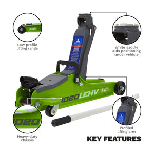 Sealey Trolley Jack 2 Tonne Low Profile Short Chassis - Hi-Vis Green