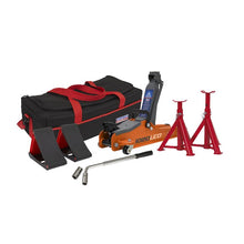 Load image into Gallery viewer, Sealey Trolley Jack 2 Tonne Low Entry Short Chassis &amp; Accessories Bag Combo - Orange

