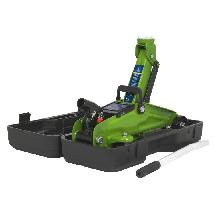 Sealey Trolley Jack 2 Tonne Short Chassis in Storage Case (450mm) - Hi-Vis Green