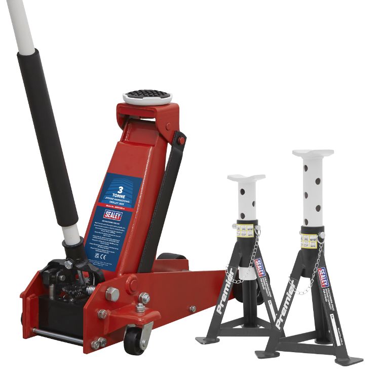 Sealey Trolley Jack 3 Tonne & Axle Stands (Pair) 3 Tonne per Stand Combo - Red/White