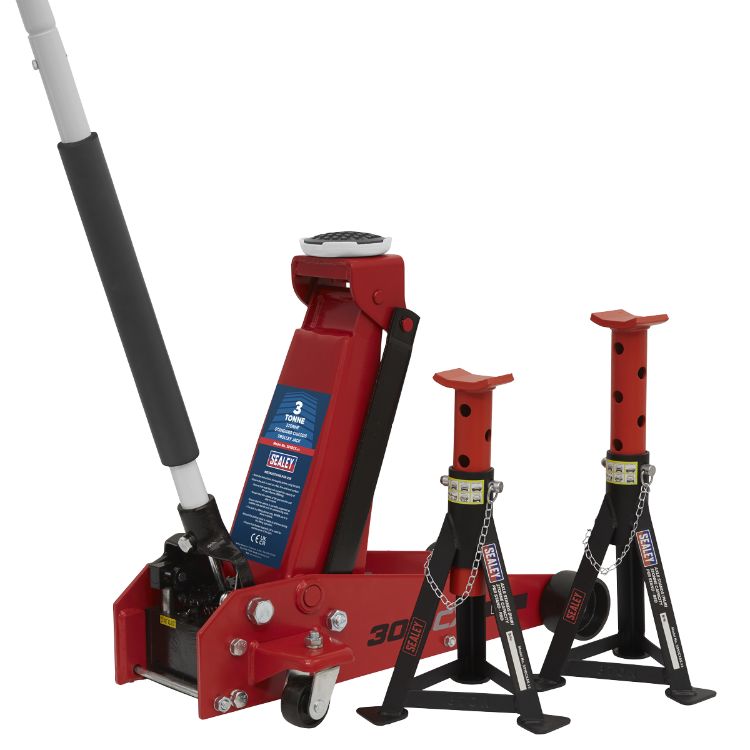 Sealey Trolley Jack 3 Tonne Standard Chassis, Axle Stands (Pair) 3 Tonne Capacity per Stand