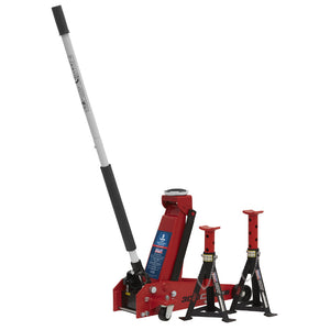 Sealey Trolley Jack 3 Tonne Standard Chassis, Axle Stands (Pair) 3 Tonne Capacity per Stand