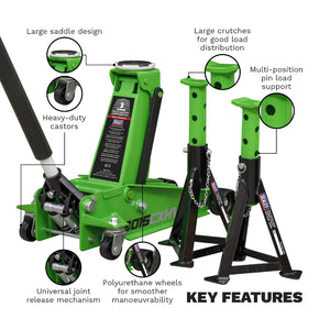 Sealey Trolley Jack 3 Tonne, Super Rocket Lift & Axle Stands (Pair) 3 Tonne Capacity per Stand-Hi-Vis