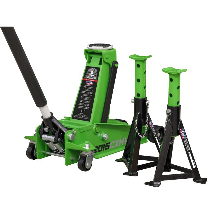 Sealey Trolley Jack 3 Tonne, Super Rocket Lift & Axle Stands (Pair) 3 Tonne Capacity per Stand-Hi-Vis