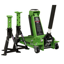 Load image into Gallery viewer, Sealey Trolley Jack 3 Tonne, Super Rocket Lift &amp; Axle Stands (Pair) 3 Tonne Capacity per Stand-Hi-Vis
