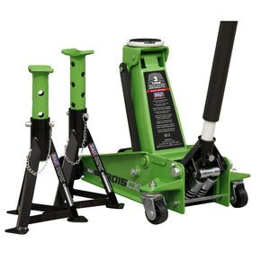 Sealey Trolley Jack 3 Tonne, Super Rocket Lift & Axle Stands (Pair) 3 Tonne Capacity per Stand-Hi-Vis