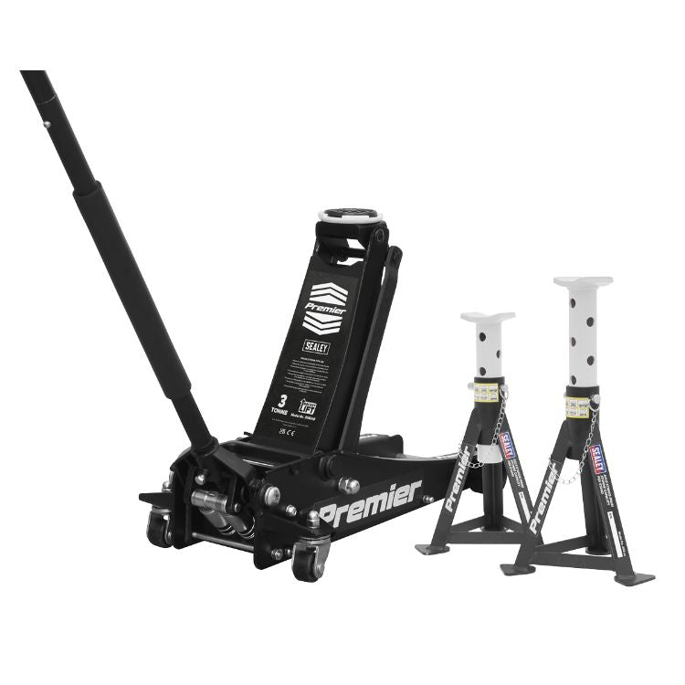 Sealey Trolley Jack 3 Tonne & Axle Stands (Pair) 3 Tonne per Stand Combo - Black/White