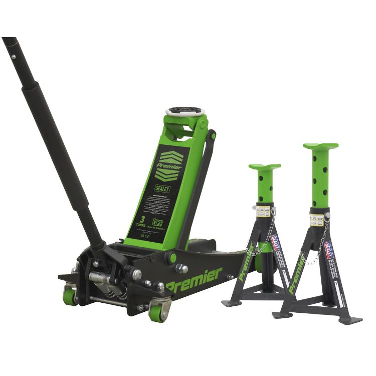 Sealey Trolley Jack 3 Tonne & Axle Stands (Pair) 3 Tonne per Stand Combo - Green