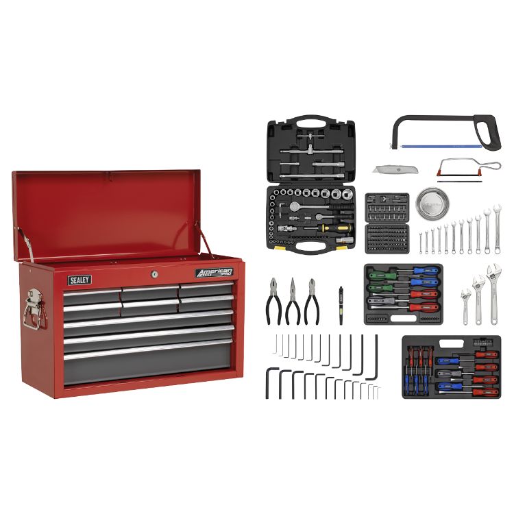 Sealey Topchest 9 Drawer Ball-Bearing Slides - Red/Grey with 205pc Tool Kit