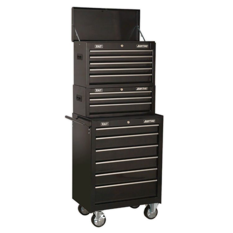Sealey Topchest, Mid-Box & Rollcab, 14 Drawer Stack - Black