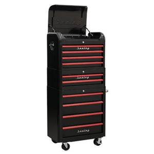 Sealey Retro Style Topchest, Mid-Box & Rollcab Combination 10 Drawer Black, Red Anodised Drawer Pulls