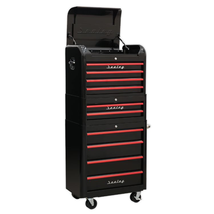 Sealey Retro Style Topchest, Mid-Box & Rollcab Combination 10 Drawer Black, Red Anodised Drawer Pulls
