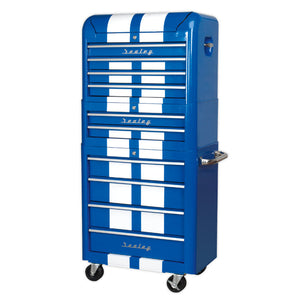 Sealey Retro Style Topchest, Mid-Box & Rollcab Combination 10 Drawer Blue/White Stripes