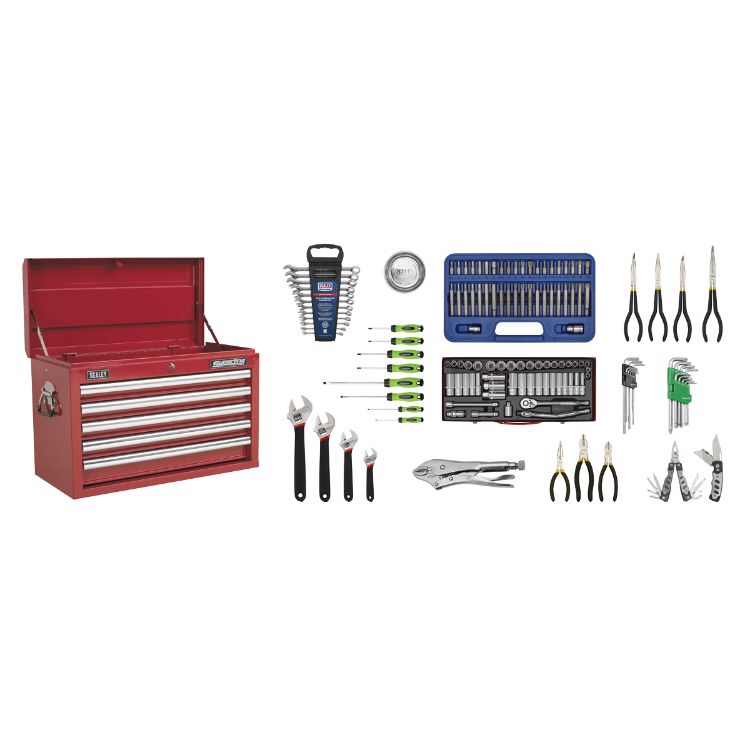 Sealey Topchest 5 Drawer Ball-Bearing Slides - Red & 140pc Tool Kit