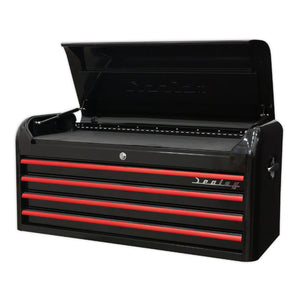 Sealey Topchest 4 Drawer Wide Retro Style - Black, Red Anodised Drawer Pulls