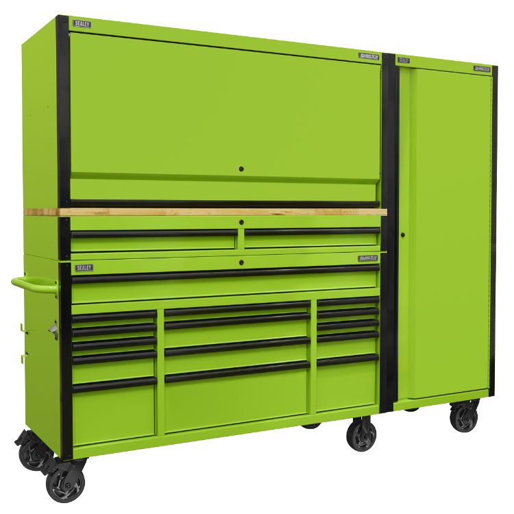 Sealey 15 Drawer 1549mm Mobile Trolley, Wooden Worktop, Hutch, 2 Drawer Riser & Side Locker