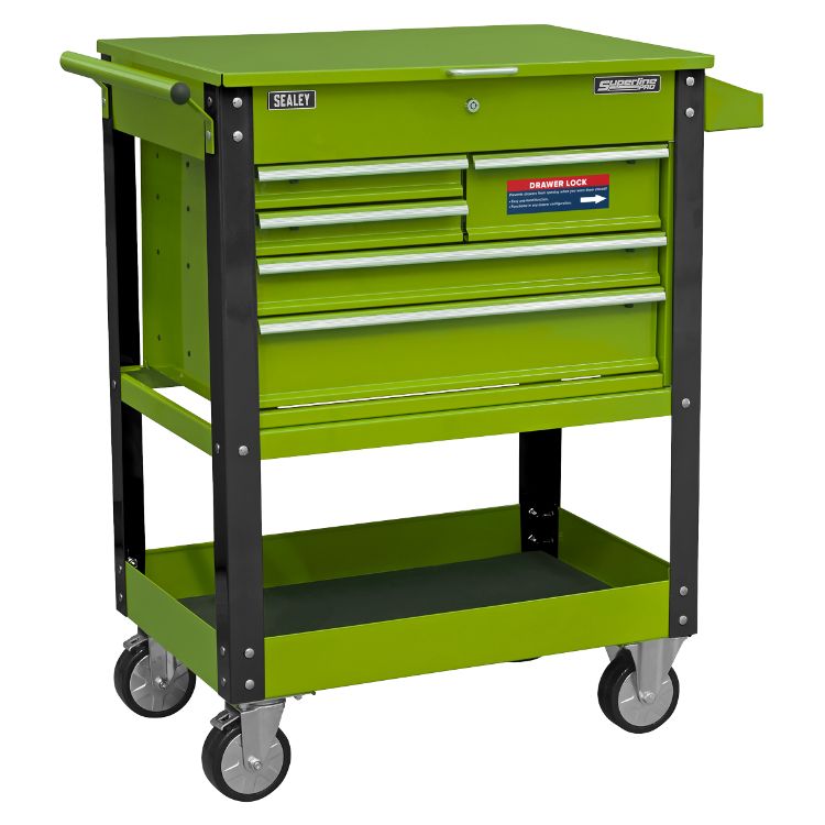 Sealey Heavy-Duty Mobile Tool & Parts Trolley - 5 Drawers & Lockable Top - Hi-Vis Green