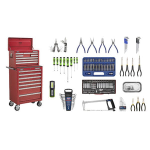 Sealey Topchest & Rollcab Combination 15 Drawer Ball-Bearing Slides - Red & 148pc Tool Kit