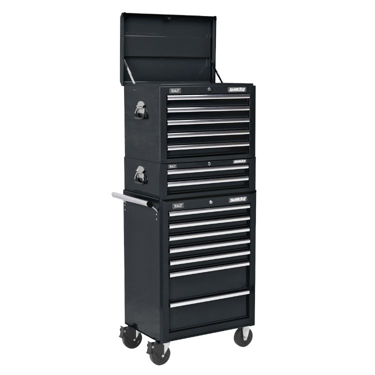 Sealey Topchest, Mid-Box & Rollcab Combination, 14 Drawer Ball-Bearing Slides - Black