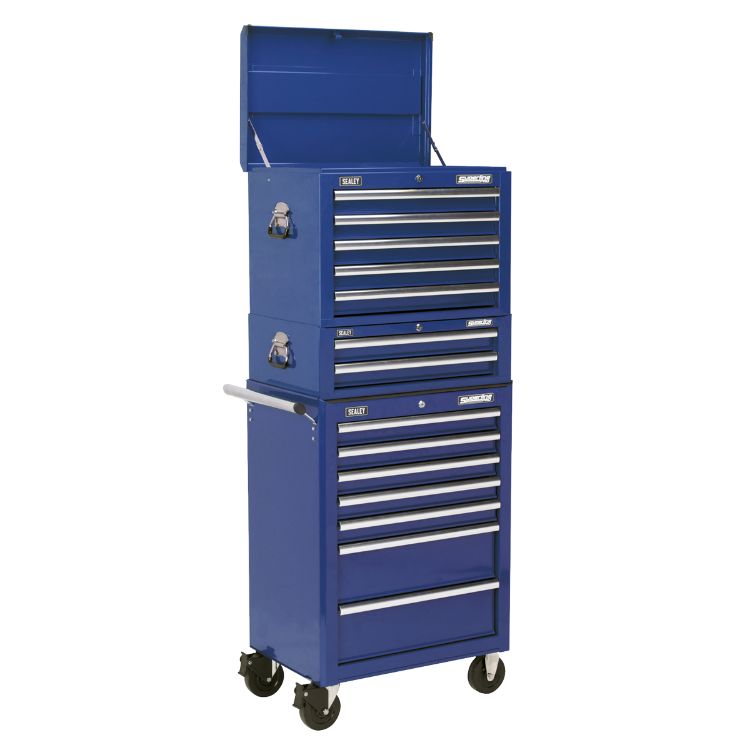Sealey Topchest, Mid-Box & Rollcab Combination, 14 Drawer Ball-Bearing Slides - Blue