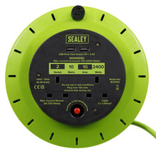 Load image into Gallery viewer, Sealey Cassette Type Cable Reel Green, Thermal Trip 2 x 230V and 2 x USB - 10M
