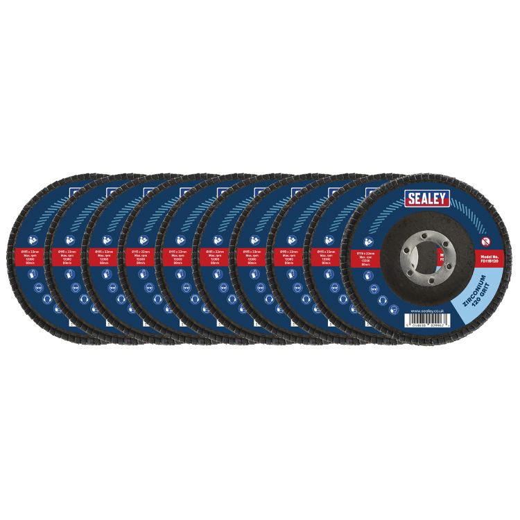 Sealey 120Grit Flap Discs Zirconium 115mm - 22mm Bore - Pack of 10