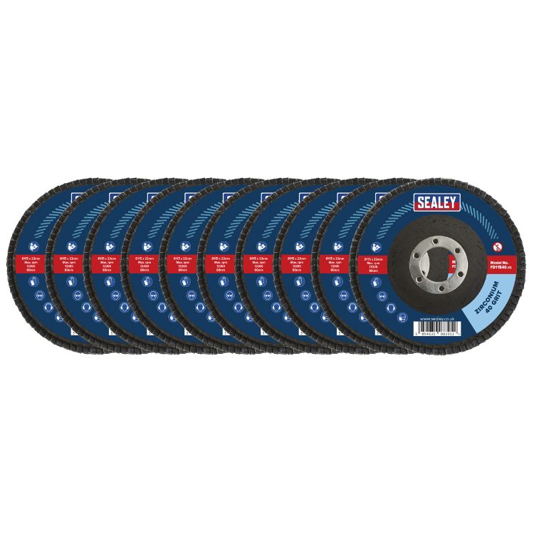 Sealey 40Grit Flap Discs Zirconium 115mm - 22mm Bore - Pack of 10