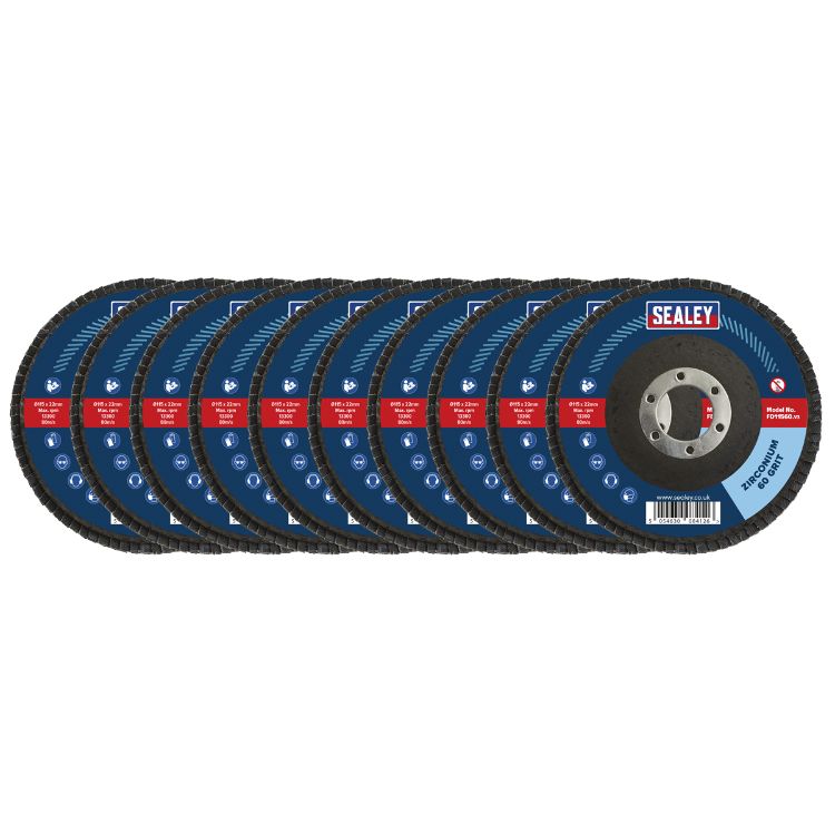 Sealey 60Grit Flap Discs Zirconium 115mm - 22mm Bore - Pack of 10