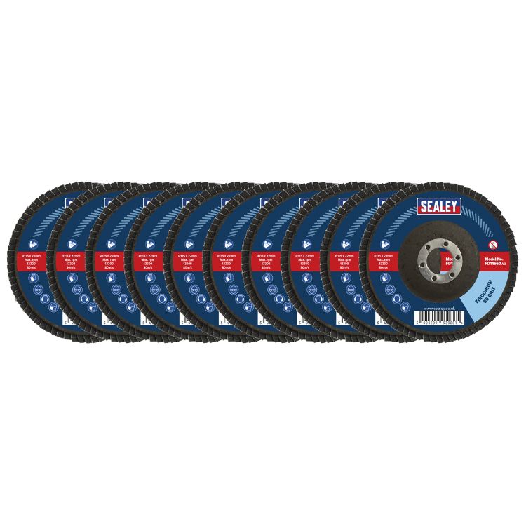 Sealey Assorted Grit Flap Discs Zirconium 115mm - 22mm Bore - Pack of 10