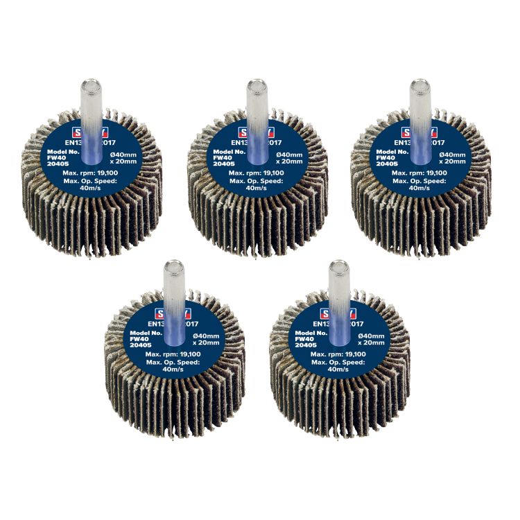 Sealey Flap Wheel 40 x 20mm - 6mm Shaft - 40Grit - Pack of 5