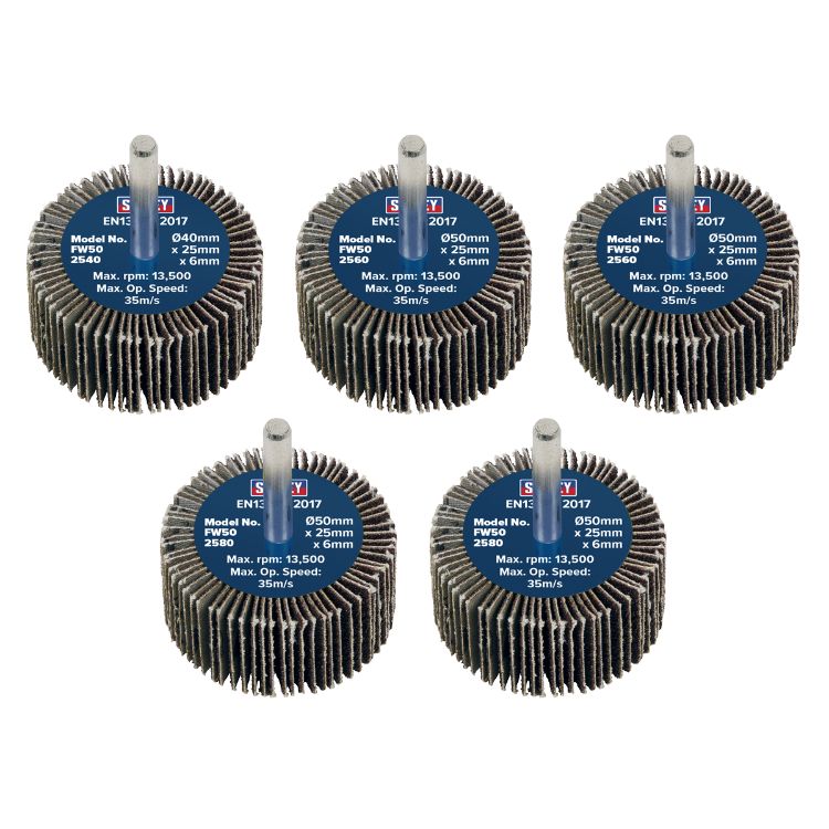 Sealey Flap Wheel 50 x 25mm - 6mm Shaft - Assorted Grit - Pack of 5