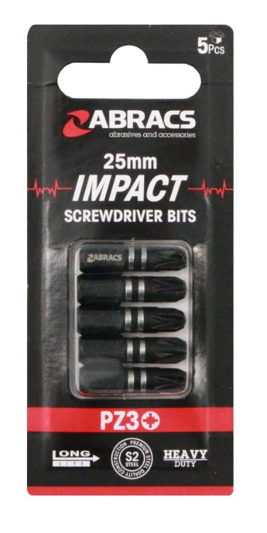 Abracs 25mm Impact Screwdriver Bit PZ3 (5pc)