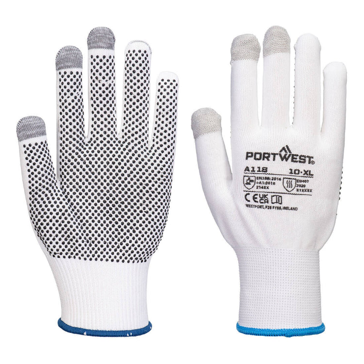 Portwest Grip 13 PVC Dotted Touchscreen Glove White/Grey A118 - Pack of 12 Pairs