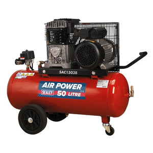 Sealey Air Compressor 50L Belt Drive 3hp, Cast Cylinders & Wheels