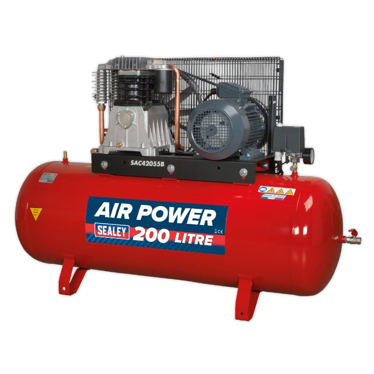 Sealey Air Compressor 200L Belt Drive 5.5hp 3ph 2-Stage, Cast Cylinders