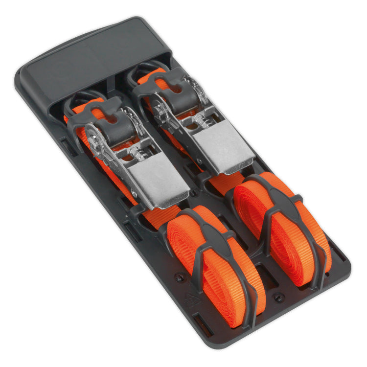 Sealey Ratchet Straps 25mm x 4M Polyester Webbing, S-Hooks 500kg Breaking Strength - Pair