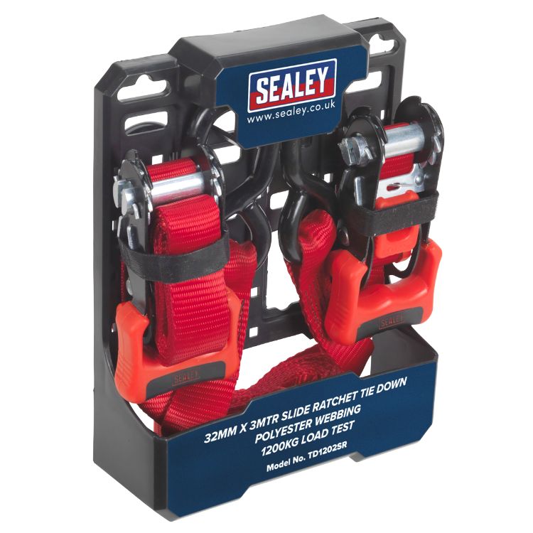 Sealey Slide Ratchet Strap 32mm x 3M Polyester Webbing, S-Hooks 1200kg Breaking Strength