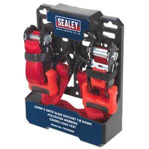 Sealey Slide Ratchet Strap 32mm x 3M Polyester Webbing, S-Hooks 1200kg Breaking Strength