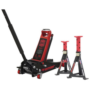 Sealey Trolley Jack 3 Tonne & Axle Stands (Pair) 3 Tonne per Stand Combo - Red
