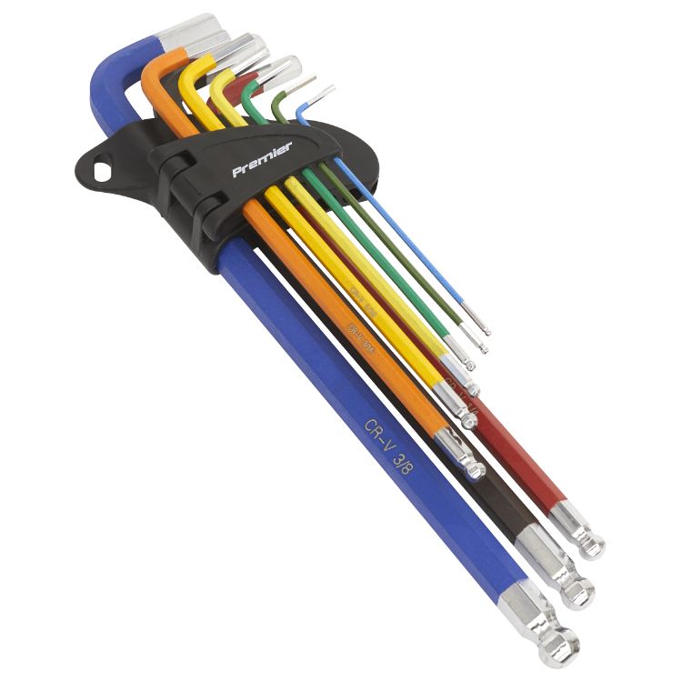 Sealey Ball-End Hex Key Set 9pc Colour-Coded Extra-Long - Imperial (Premier)