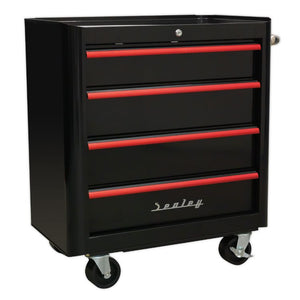 Sealey Rollcab 4 Drawer Retro Style Black, Red Anodised Drawer Pulls