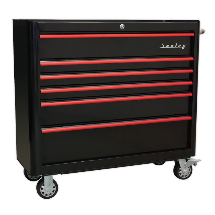 Sealey Rollcab 6 Drawer Wide Retro Style - Black, Red Anodised Drawer Pulls